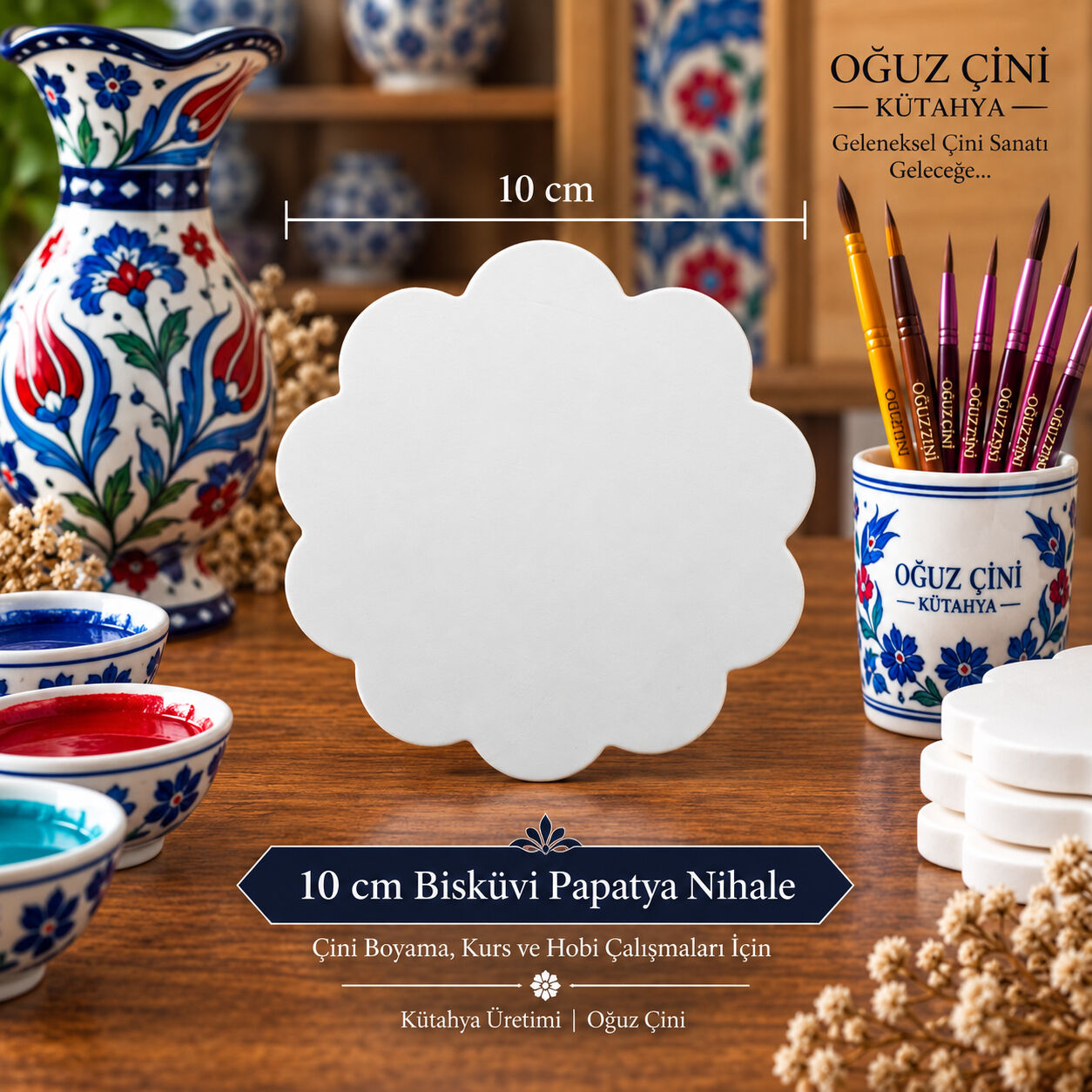 10 cm Boyanabilir Çini Bisküvi Papatya Nihale