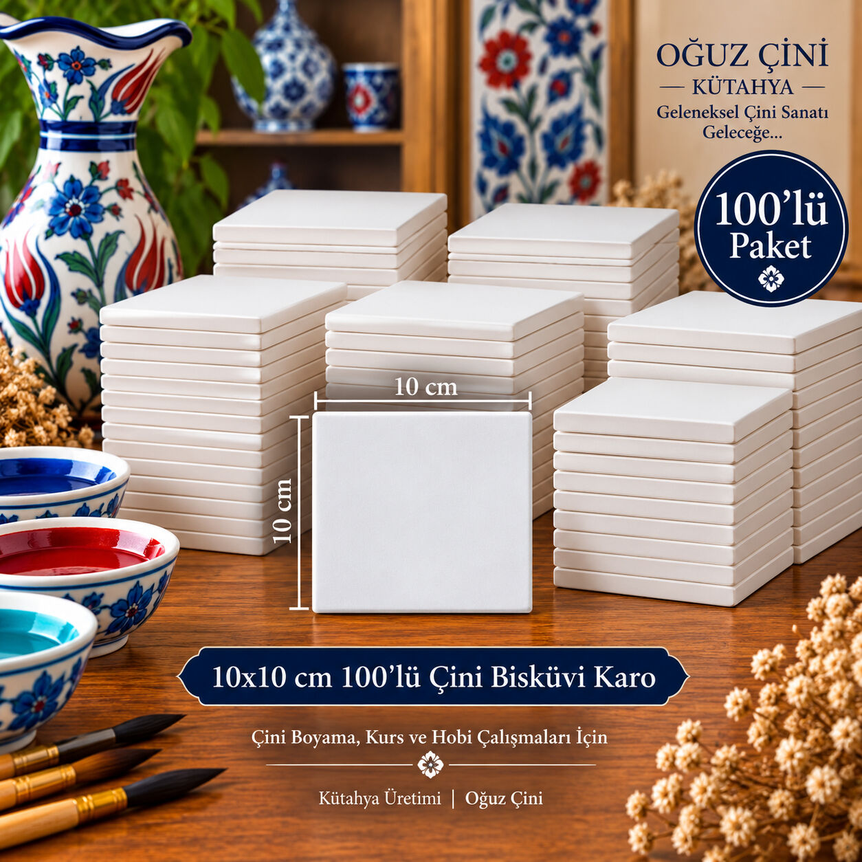 10 × 10 cm Çini Bisküvi Karo – 100’lü Paket