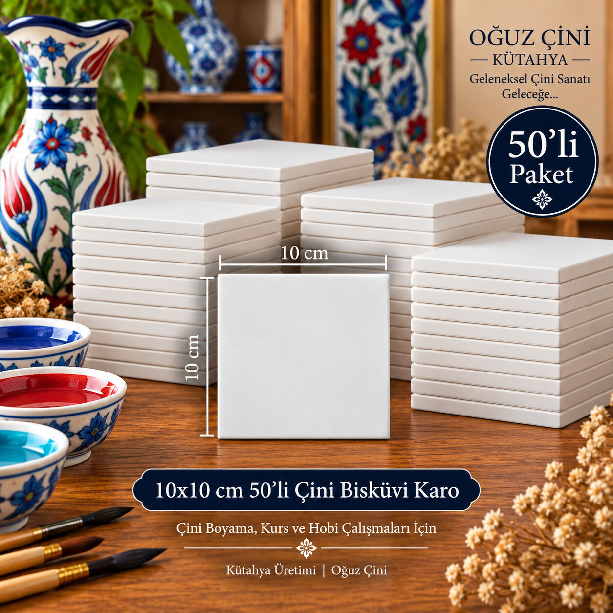 10 × 10 cm Çini Bisküvi Karo – 50’li Paket