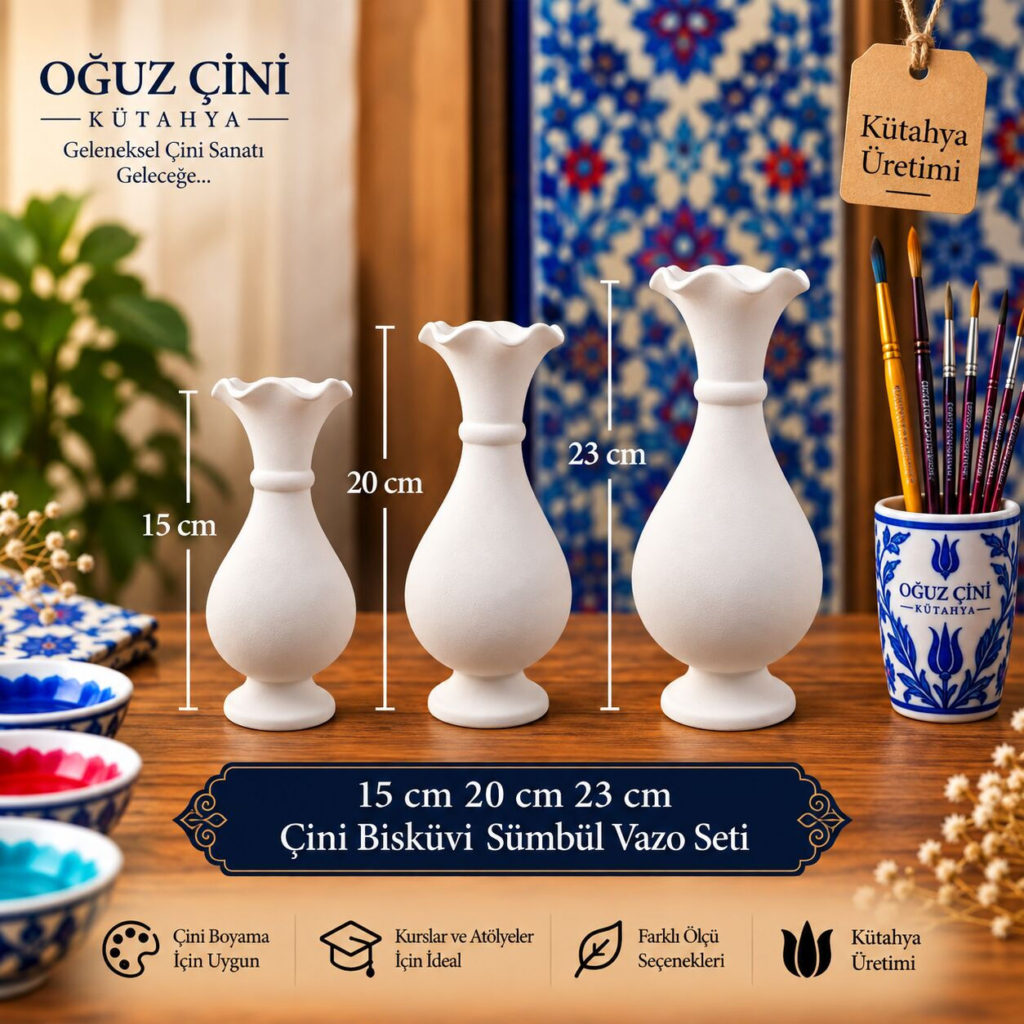 15, 20 ve 23 cm Çini Bisküvi Sümbül Vazo Seti (3’lü)