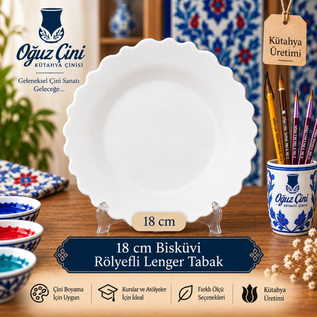 18 cm Boyanabilir Rölyefli Lenger Çini Bisküvi Tabak