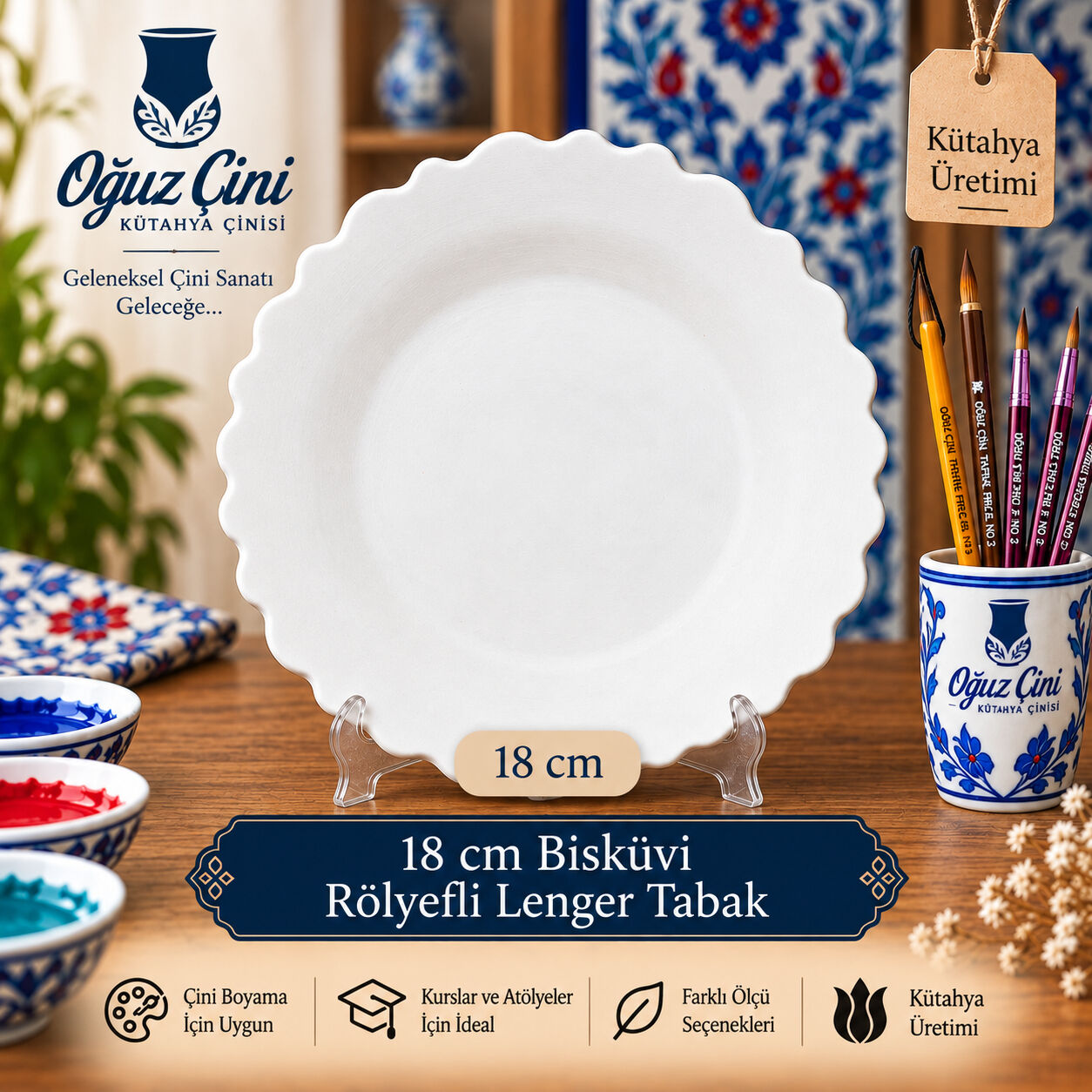 18 cm Boyanabilir Rölyefli Lenger Çini Bisküvi Tabak