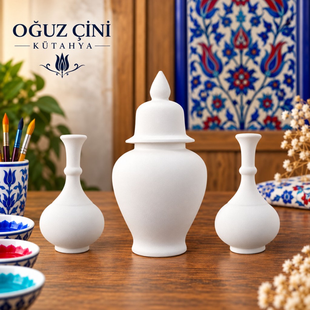 18 cm Küp ve 2 Adet 15 cm Vazo Çini Bisküvi Takımı