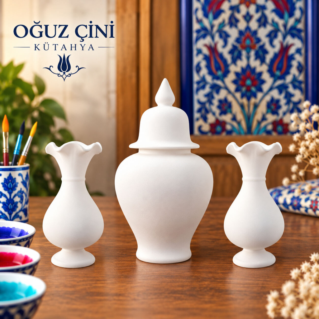 18 cm Şah Kavanoz ve 2 Adet 15 cm Sümbül Vazo Çini Bisküvi Seti