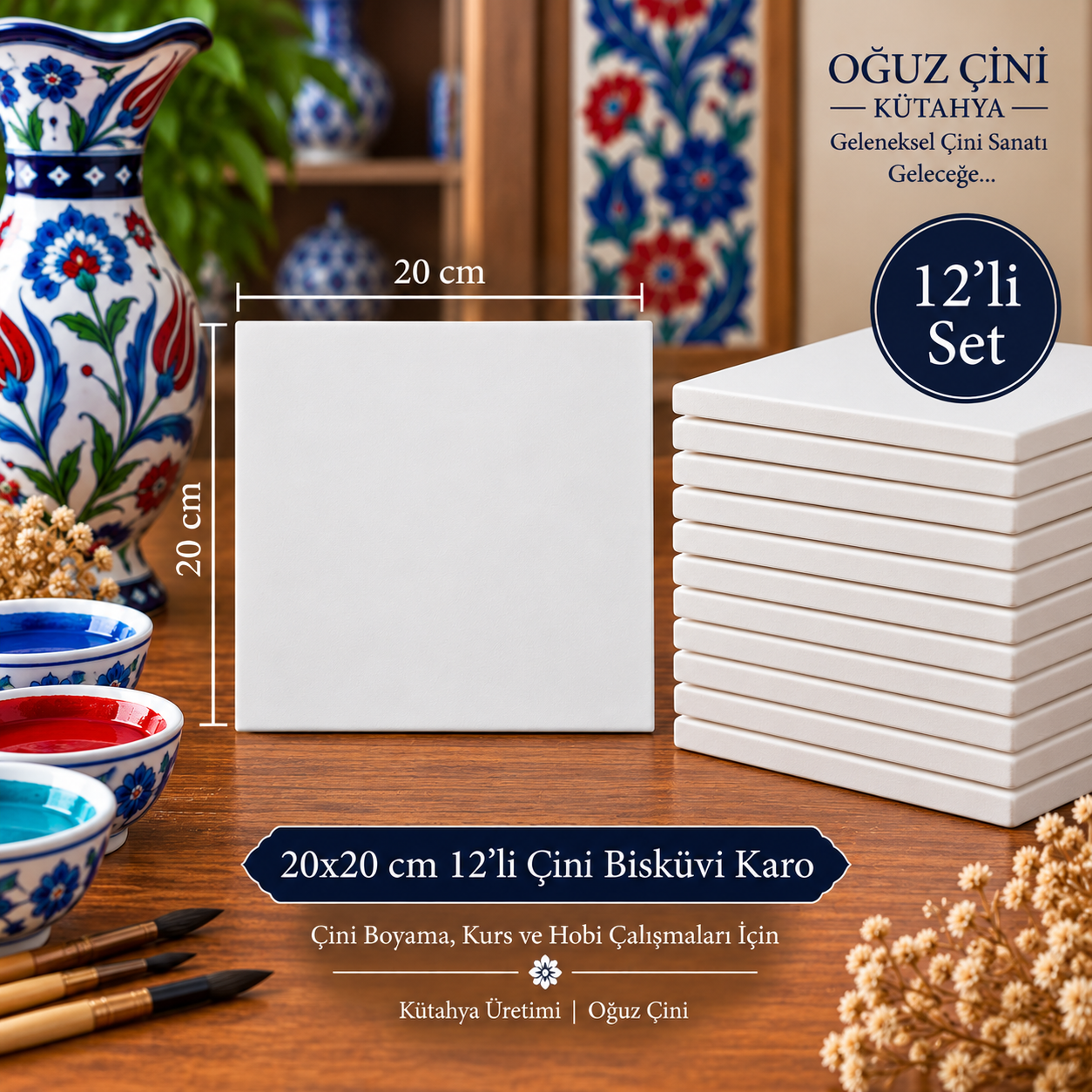 20 × 20 cm Çini Bisküvi Karo – 12’li Paket