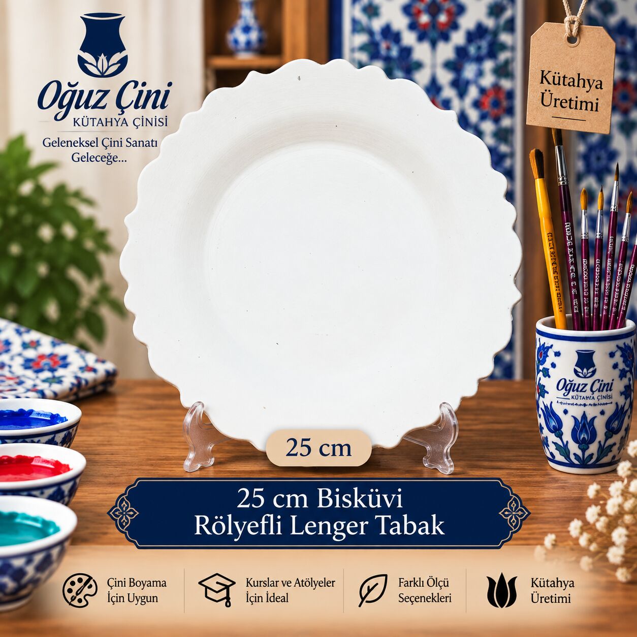 25 cm Boyanabilir Rölyefli Lenger Çini Bisküvi Tabak