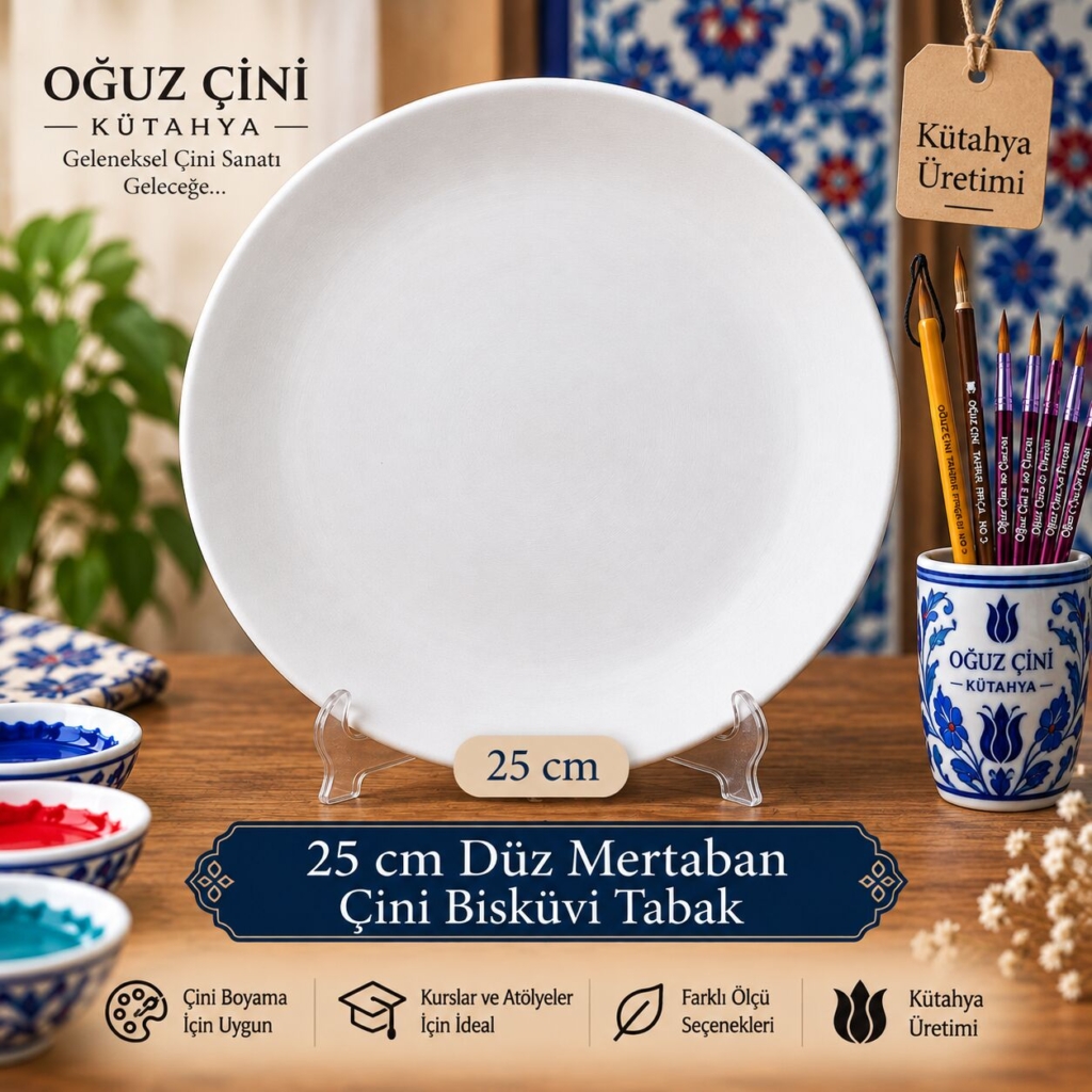 25 cm Boyanabilir Düz Mertaban Çini Bisküvi Tabak