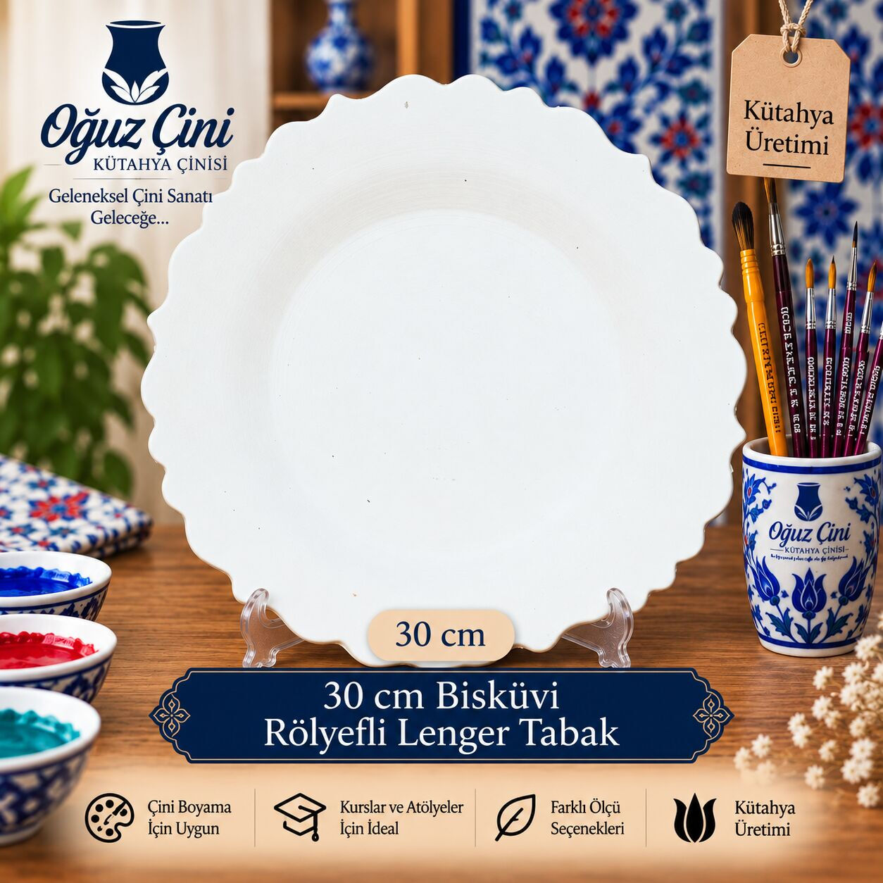 30 cm Boyanabilir Rölyefli Lenger Çini Bisküvi Tabak