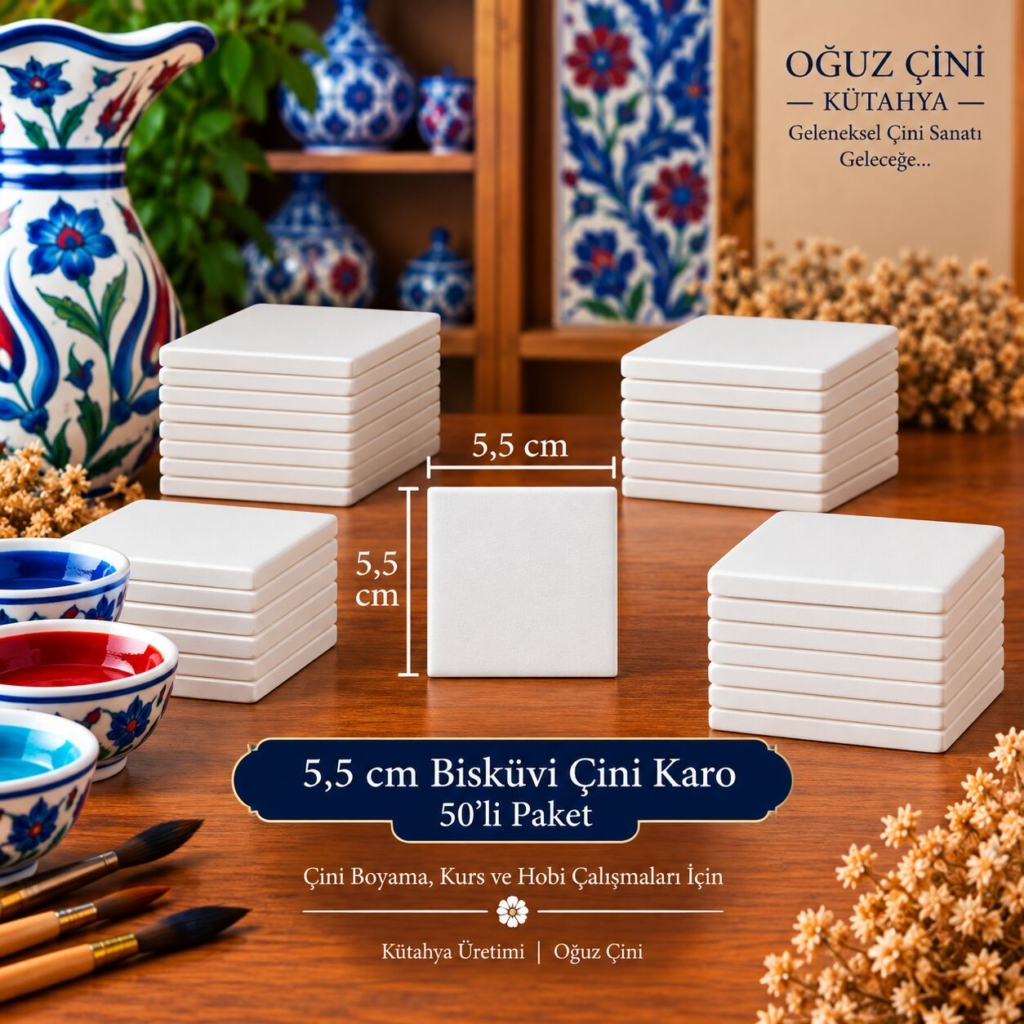 5 × 5 cm Çini Bisküvi Karo – 50’li Paket