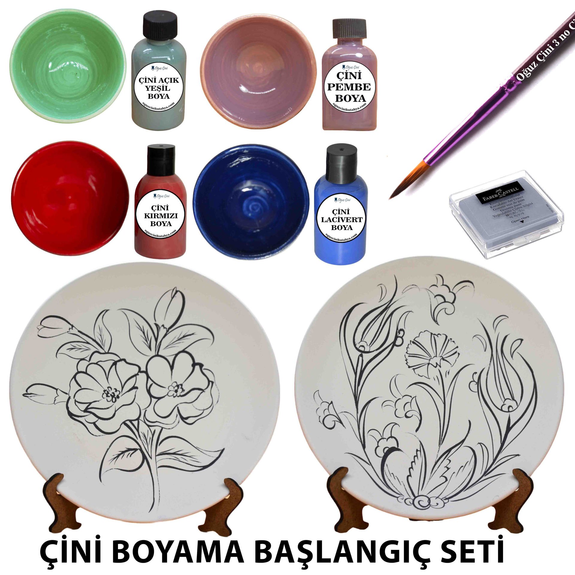 Boyanabilir Çini Başlangıç Eğitim Seti – 2 Tahrirli Tabak ve Ayak